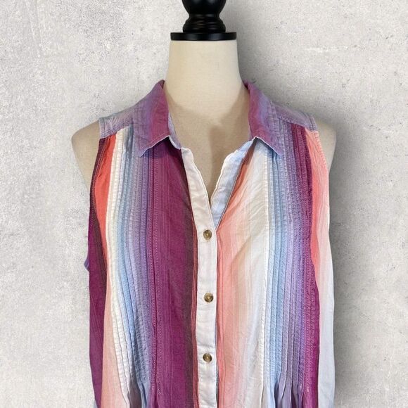 Terra & Sky Striped Button Down Sleeveless Shirt Purple Blue Pink, Size 0X 14W - Picture 2 of 10